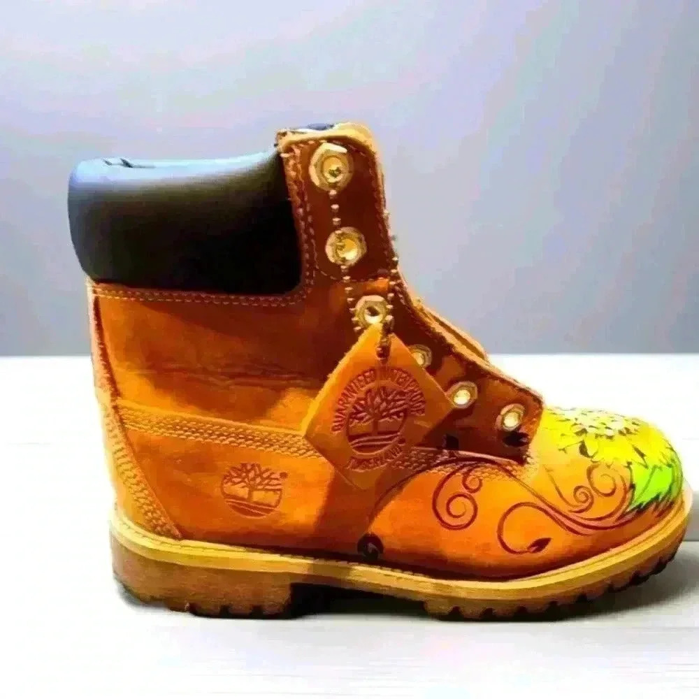 623hc. Custom Hand Painted Sunflower Timberland Premium Waterproof Boots Wheat - Picture 3 of 12